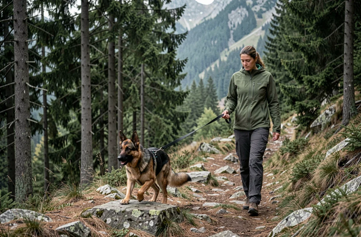 Éducatrice À 6 Pattes guidant un Berger Allemand sur un sentier de montagne vosgien près de Saint-Maurice-sur-Moselle