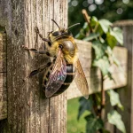 Abeille charpentière noire et jaune posée sur un poteau en bois dans un jardin, vue macro détaillée