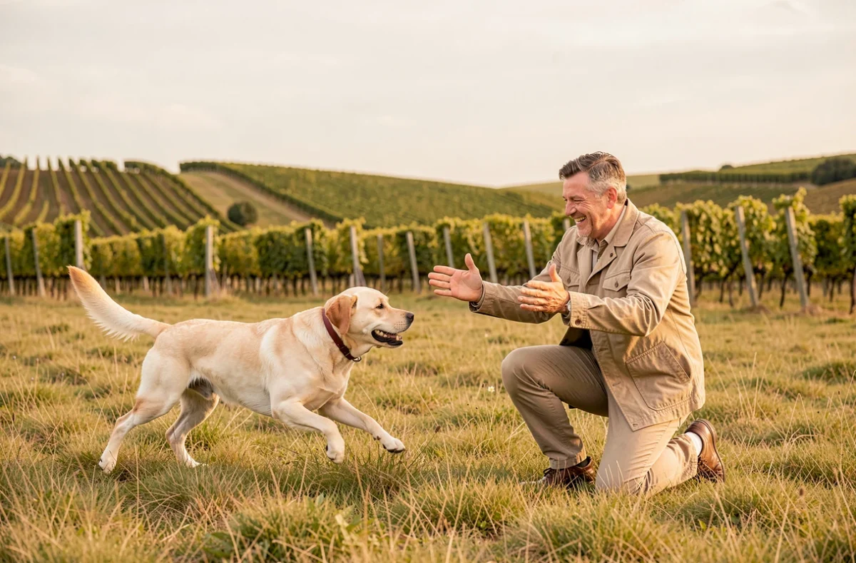 Formateur de l'Académie Canine Champenoise pratiquant le rappel avec un Labrador dans les vignes près de Witry-lès-Reims