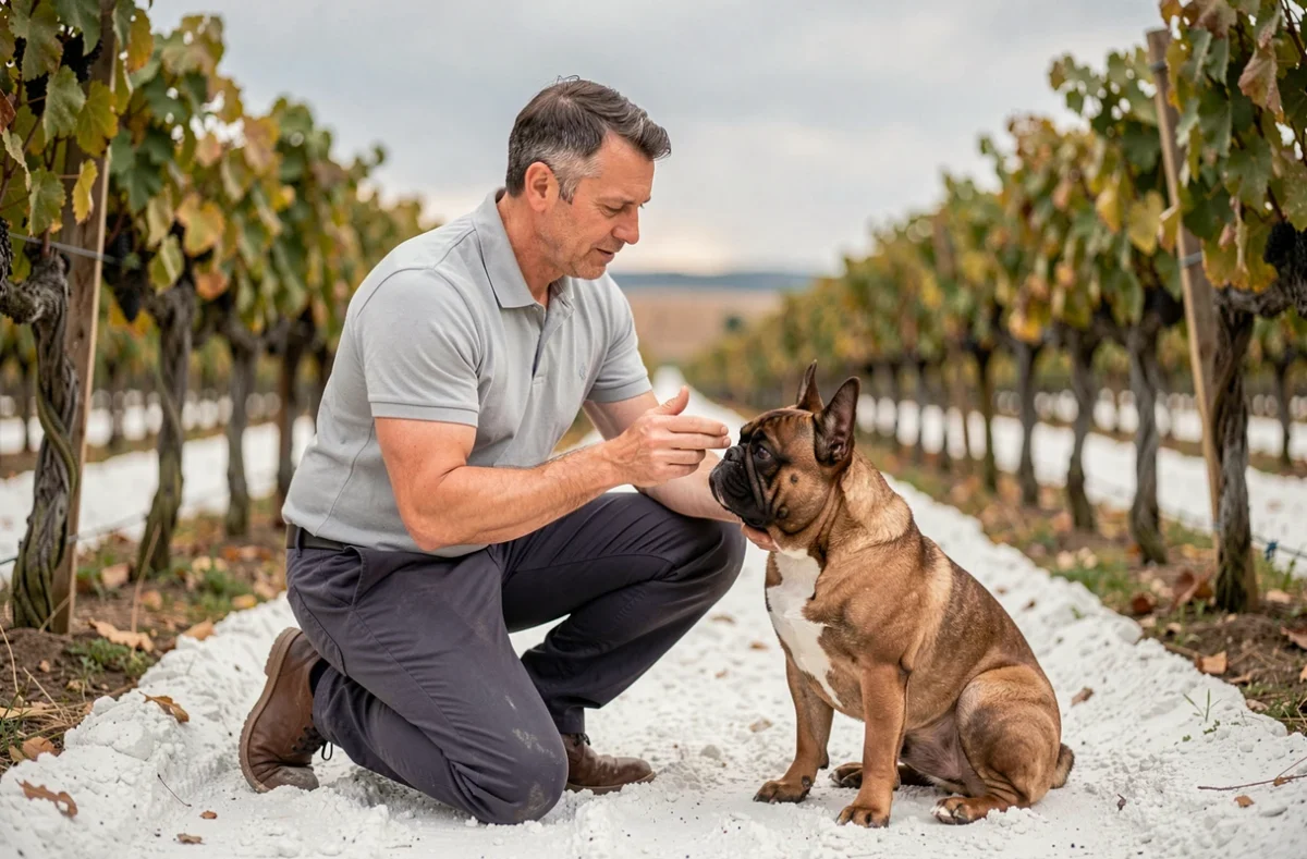 Éducateur d'Accord Camain récompensant un Bouledogue Français dans un vignoble de l'appellation Aÿ-Champagne