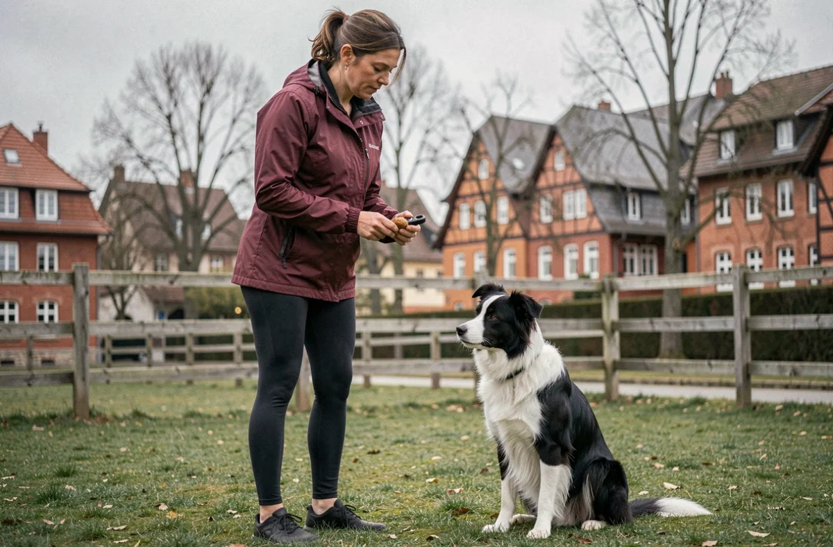 Éducatrice d'Accord Canin en session d'obéissance avec un Border Collie dans un espace clôturé près de Soufflenheim en Alsace
