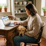 Femme faisant ses achats pour animaux en ligne sur un ordinateur portable avec son chien golden retriever posé sur ses genoux dans une cuisine chaleureuse