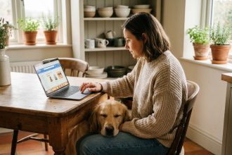 Femme faisant ses achats pour animaux en ligne sur un ordinateur portable avec son chien golden retriever posé sur ses genoux dans une cuisine chaleureuse