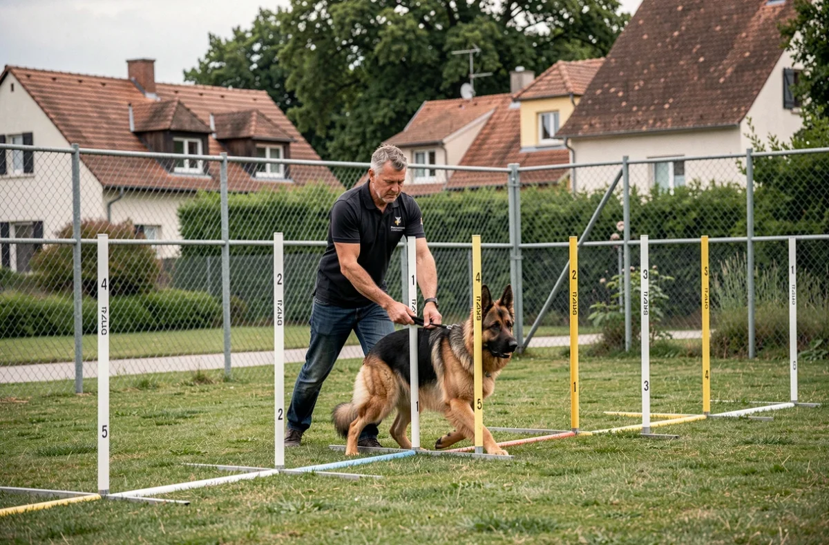 Éducateur de l'A.C.I.G. supervisant un exercice d'agilité avec un Berger Belge dans les installations canines d'Illkirch-Graffenstaden