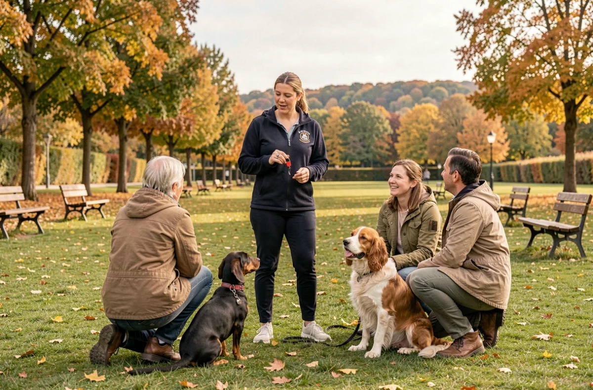 Éducatrice Action Canine animant une séance collective avec deux propriétaires et leurs chiens dans un parc du Grand Est