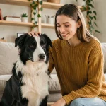 Jeune femme adoptant un Border Collie poil ras noir et blanc dans un salon chaleureux