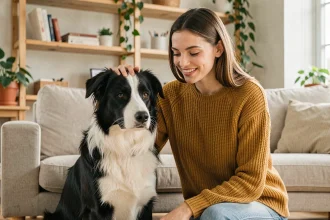Jeune femme adoptant un Border Collie poil ras noir et blanc dans un salon chaleureux