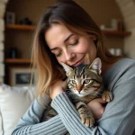 Femme tenant un jeune chat tigré dans un appartement lyonnais, illustrant l'adoption d'un chat à Lyon