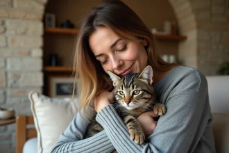 Femme tenant un jeune chat tigré dans un appartement lyonnais, illustrant l'adoption d'un chat à Lyon