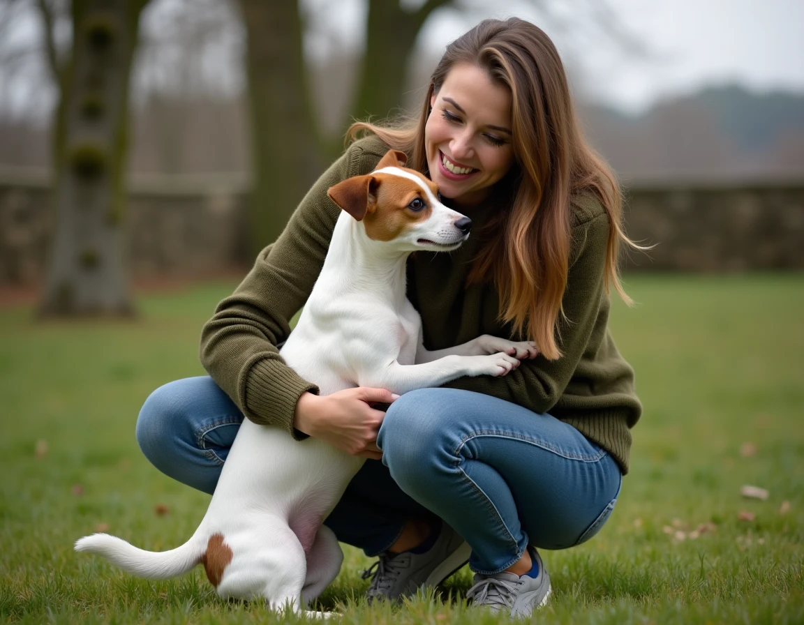 Femme adoptant un petit Jack Russell terrier dans une association de sauvetage animalier en Gironde
