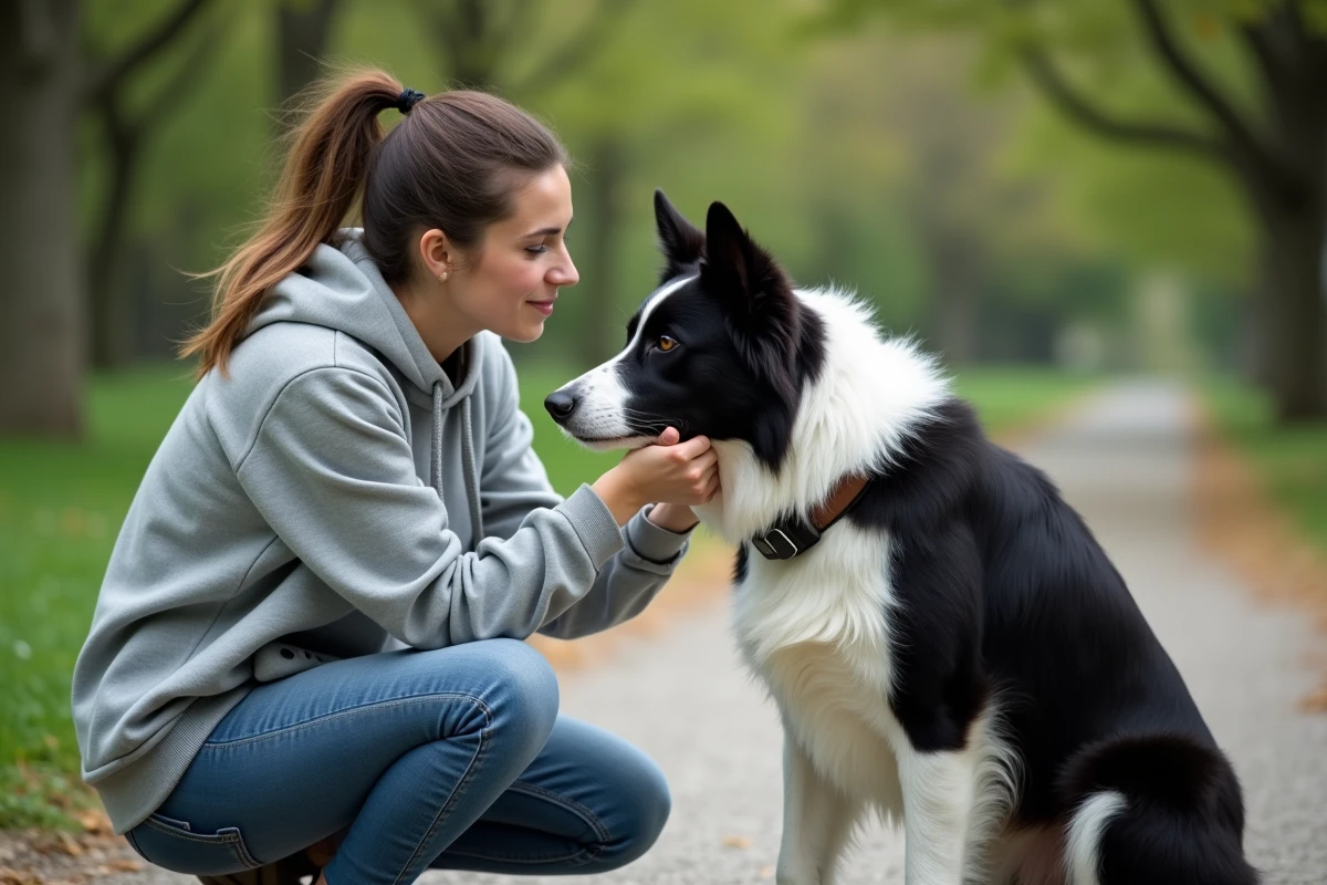 Femme ajustant un collier GPS sur son chien border collie dans un parc urbain en extérieur