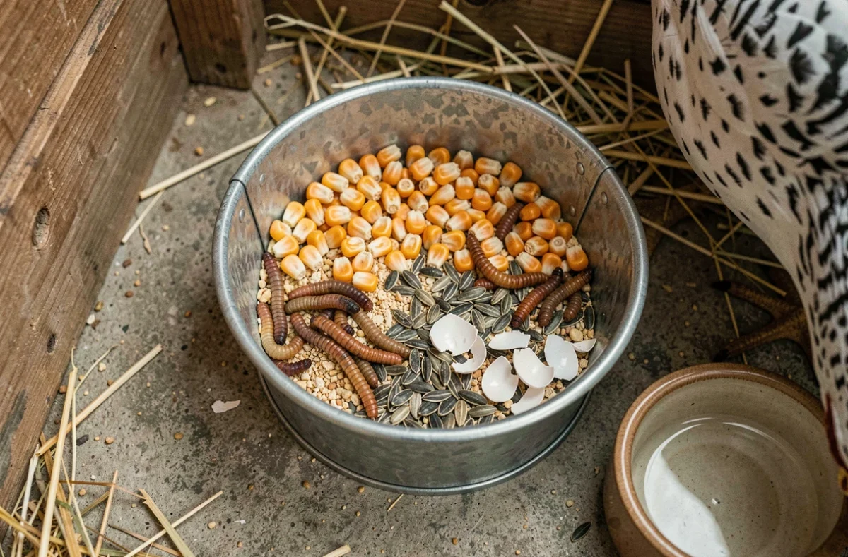 Mélange alimentaire complet pour poule pondeuse composé de grains, vers séchés et coquilles d'œufs dans une mangeoire métallique