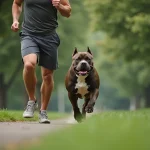 American Bully Exotic brindle trottinant avec son maître lors d'une séance de jogging dans un parc