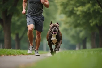 American Bully Exotic brindle trottinant avec son maître lors d'une séance de jogging dans un parc
