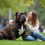 American Bully mâle détendu dans un parc urbain