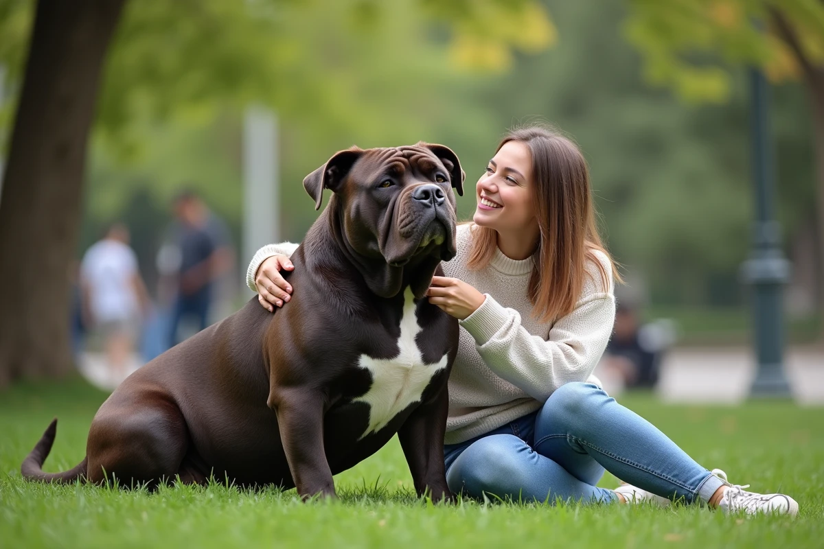American Bully mâle détendu dans un parc urbain