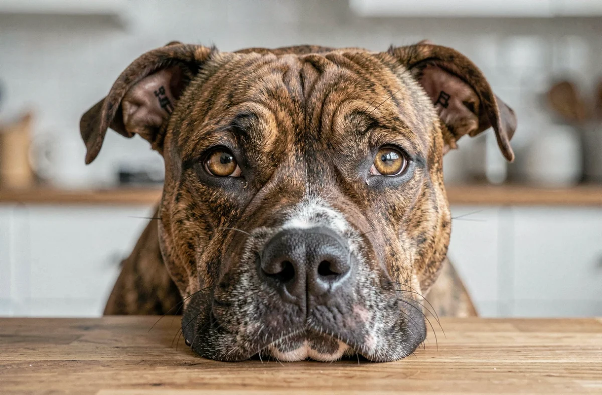 Portrait rapproché d'un American Staffordshire Terrier calme à l'intérieur, montrant les caractéristiques physiques d'un chien de catégorie 2 en France