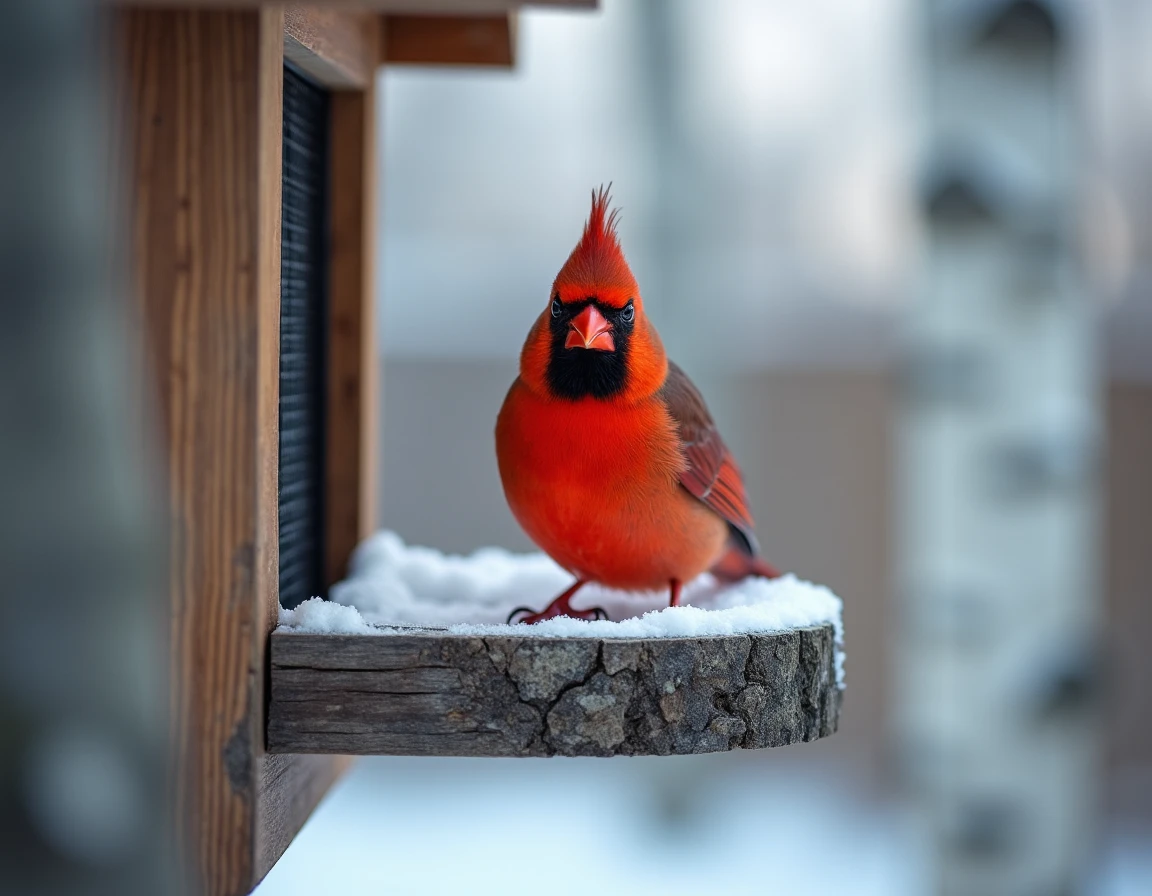 Cardinal rouge mâle perché sur une mangeoire à oiseaux enneigée dans un jardin de banlieue en hiver
