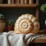 Coquille de nautile posée sur une étagère en bois dans un appartement cosy, entourée de plantes succulentes et de livres anciens