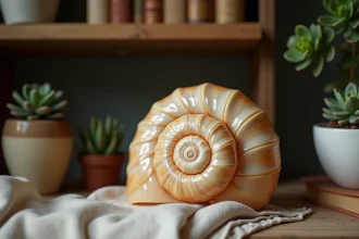Coquille de nautile posée sur une étagère en bois dans un appartement cosy, entourée de plantes succulentes et de livres anciens