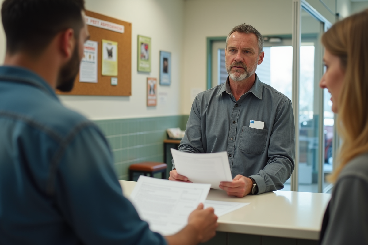 Employe expliquant papier à un couple au refuge