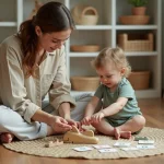 Enfant et adulte explorant des figurines d'animaux commençant par D dans un espace Montessori à la maison