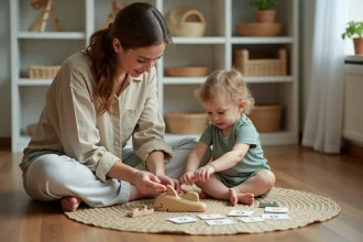 Enfant et adulte explorant des figurines d'animaux commençant par D dans un espace Montessori à la maison