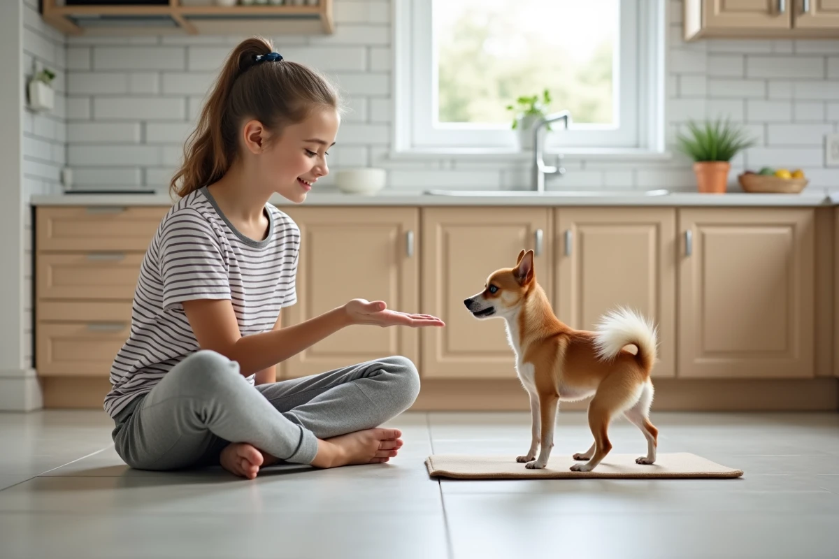 Adolescente apprenant la commande 'reste' à un Spitz chiwawa sur un tapis d'entraînement dans une cuisine moderne