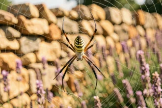 Araignée Argiope bruennichi au centre de sa toile dans un jardin méditerranéen du sud de la France