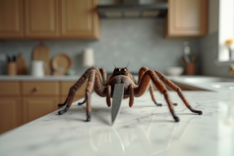 Araignée sur plan de cuisine moderne avec couteau