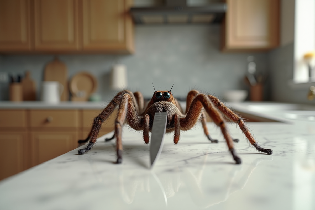 Araignée sur plan de cuisine moderne avec couteau