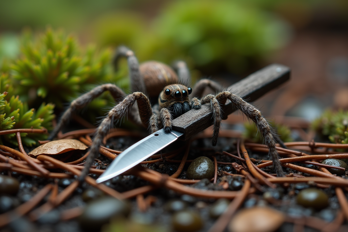Araignée dans la forêt avec petit couteau sur sol mousse