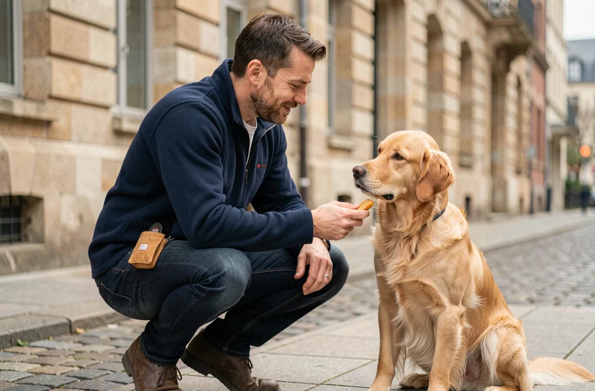 Éducateur comportementaliste ARMONIMAL travaillant avec un Golden Retriever sur les trottoirs pavés de Metz