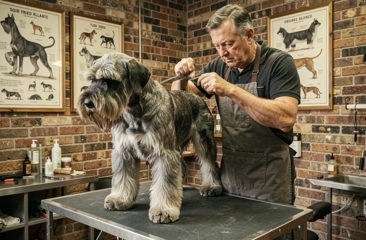 Toiletteur de L'Atelier du Toilettage réalisant une coupe aux normes de standard de race sur un Bouvier des Flandres