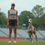 Jeune femme sportive avec un lévrier sur piste verte