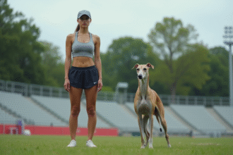Jeune femme sportive avec un lévrier sur piste verte