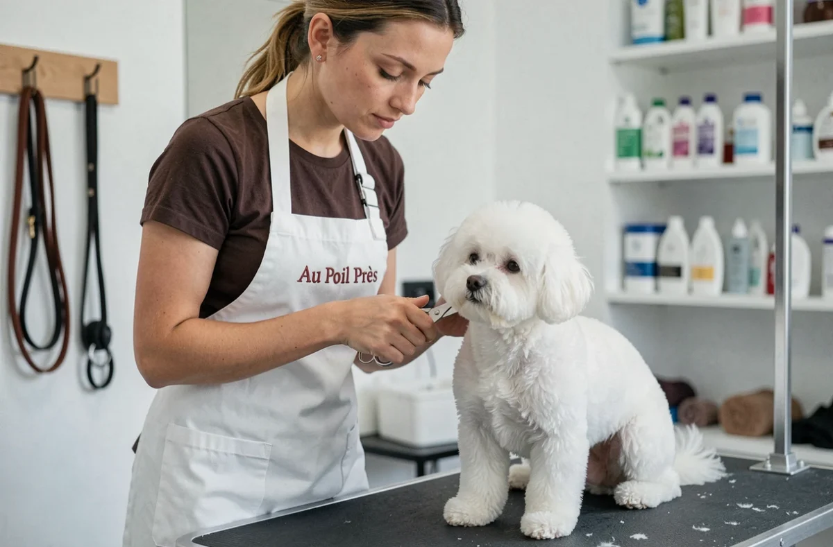 Toiletteuse du salon Au Poil Près à Bordeaux en train de tailler les poils d'un bichon frisé