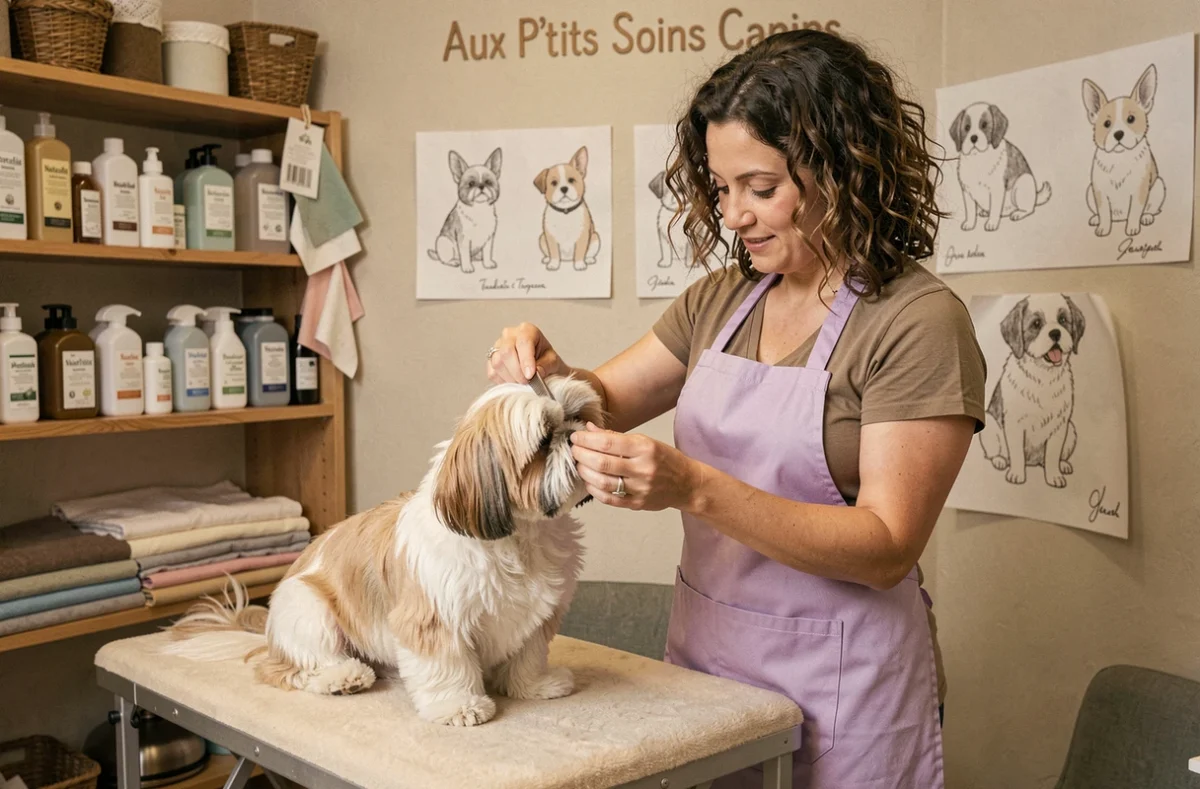 Toiletteuse aux soins attentifs peignant les oreilles d'un Shih Tzu dans le studio Aux P'tits Soins Canins en Bretagne
