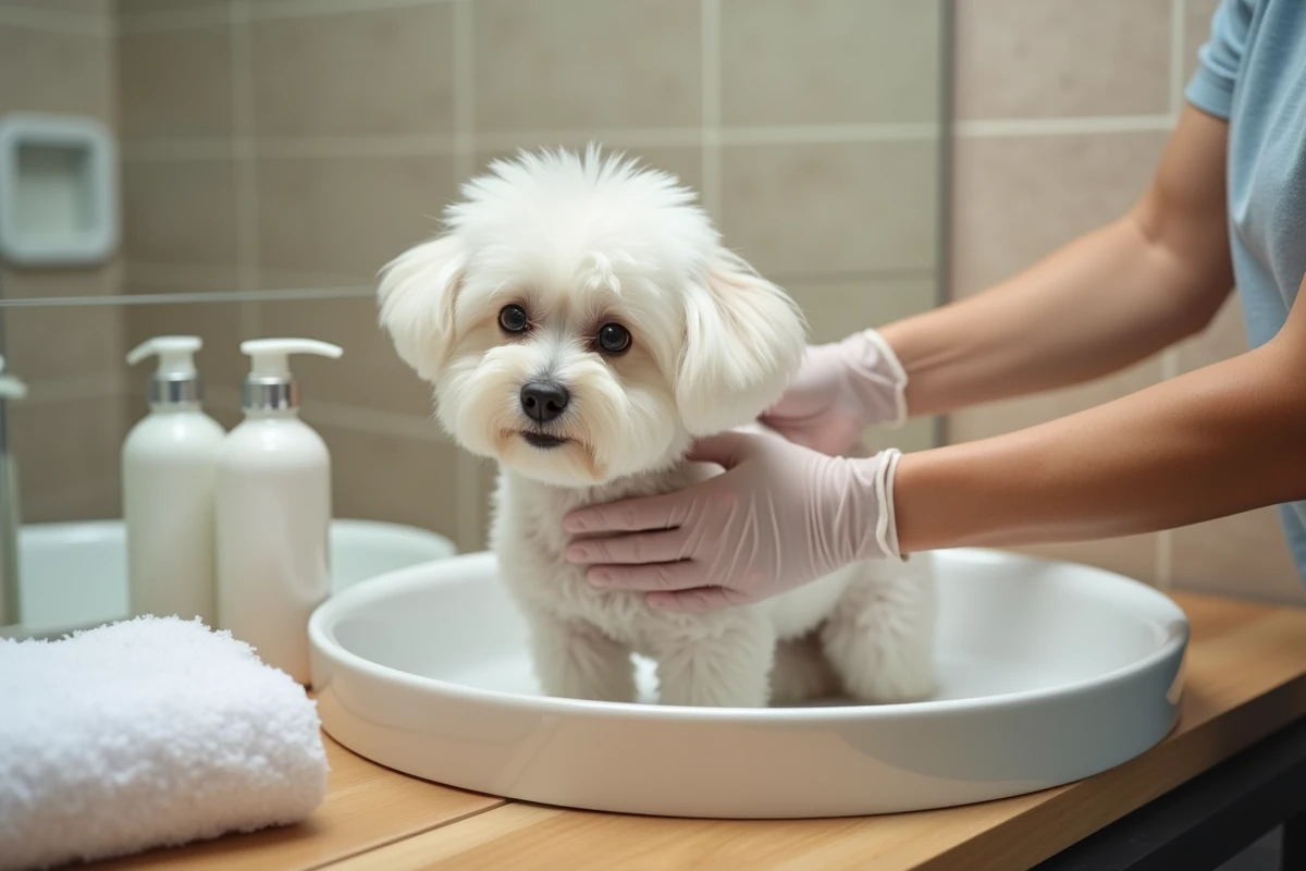 Bichon Maltais au bain dans un lavabo avec shampooing hypoallergénique, mains gantées massant délicatement son pelage mouillé