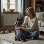 Chien Staffordshire Bull Terrier bleu avec une femme dans un salon
