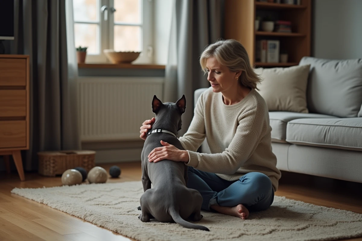 Chien Staffordshire Bull Terrier bleu avec une femme dans un salon