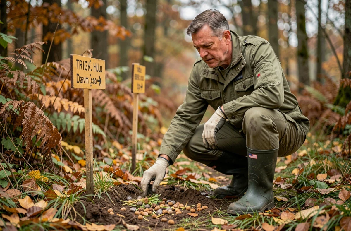 Garde forestier examinant des traces et crottes de sanglier en forêt pour analyser le régime alimentaire de l'animal