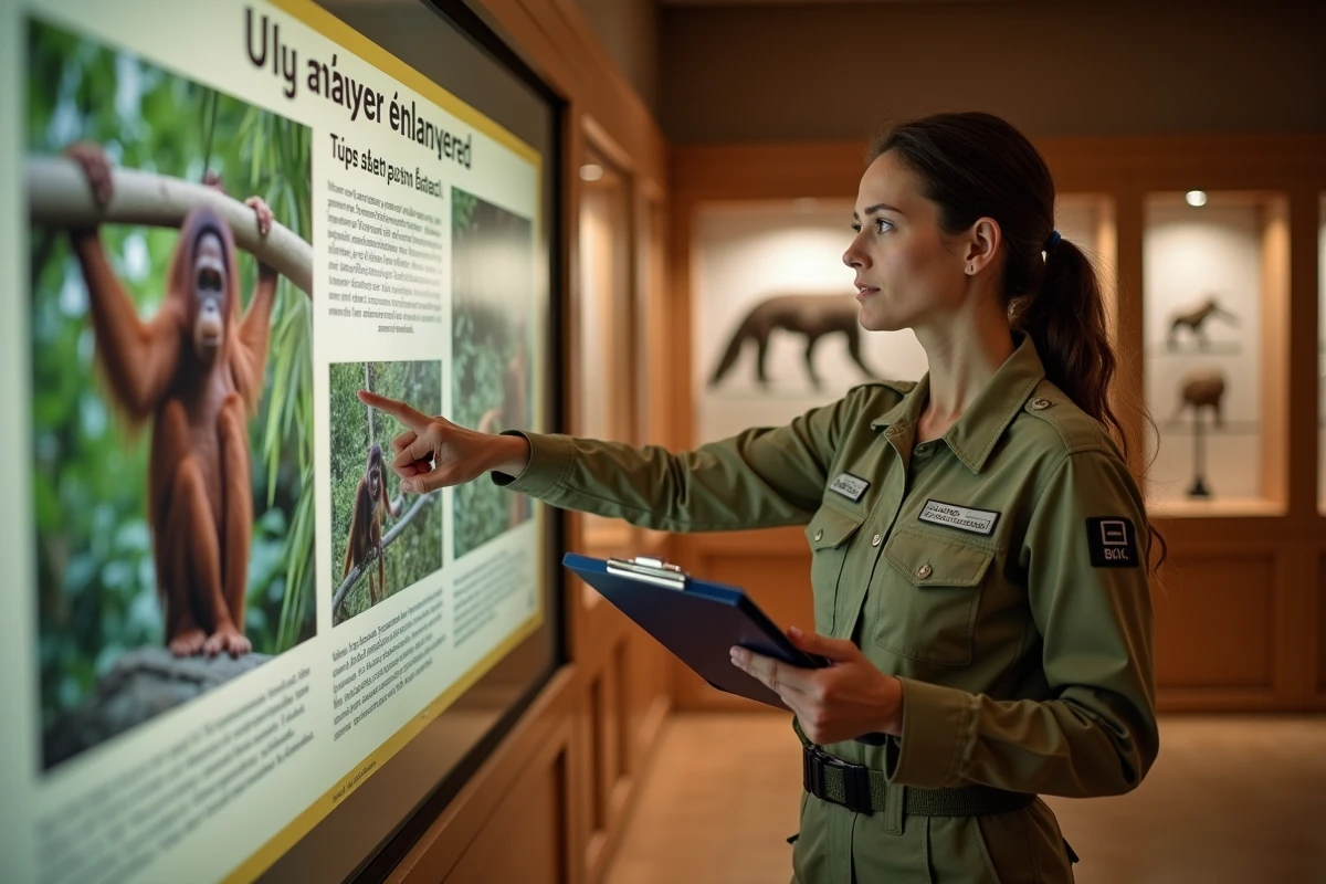 Biologiste spécialisée dans la conservation des espèces en voie d'extinction présentant des données sur les animaux les plus rares du monde dans un musée d'histoire naturelle