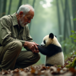 Biologiste âgé avec panda dans une forêt de bambous