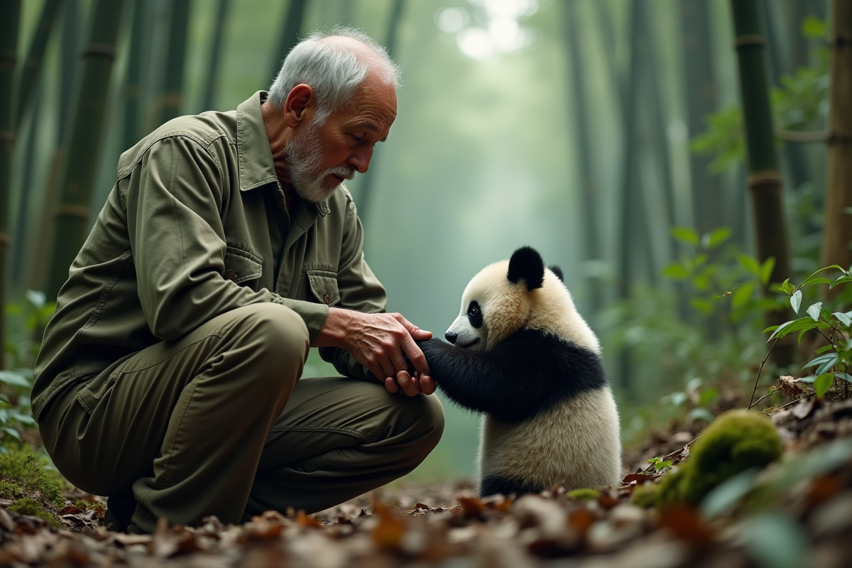 Biologiste âgé avec panda dans une forêt de bambous
