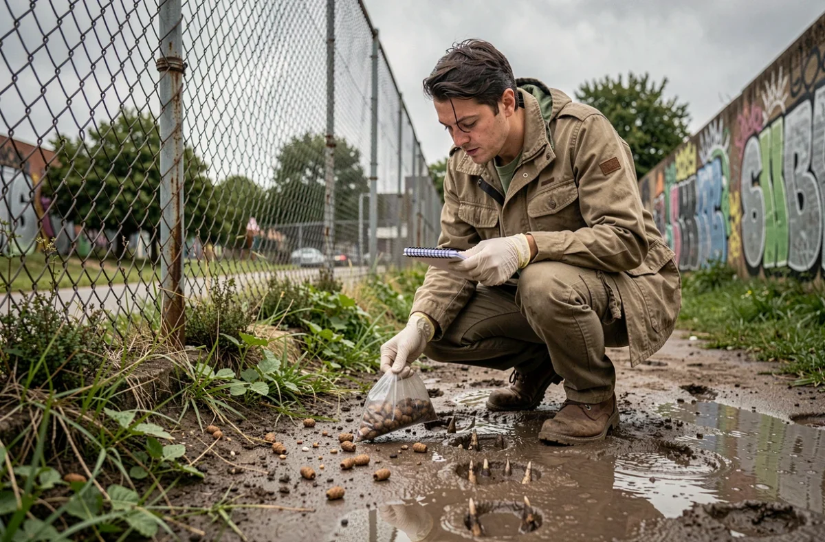 Biologiste examinant des traces et crottes de sanglier dans un couloir vert urbain