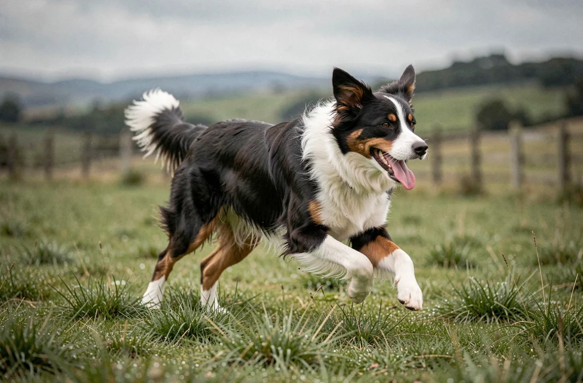 Border Collie poil ras tricolore en pleine course dans un champ herbeux à la campagne