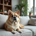 Bouledogue français à poils longs allongé sur un canapé en lin gris dans un appartement moderne