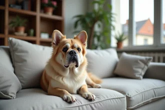 Bouledogue français à poils longs allongé sur un canapé en lin gris dans un appartement moderne