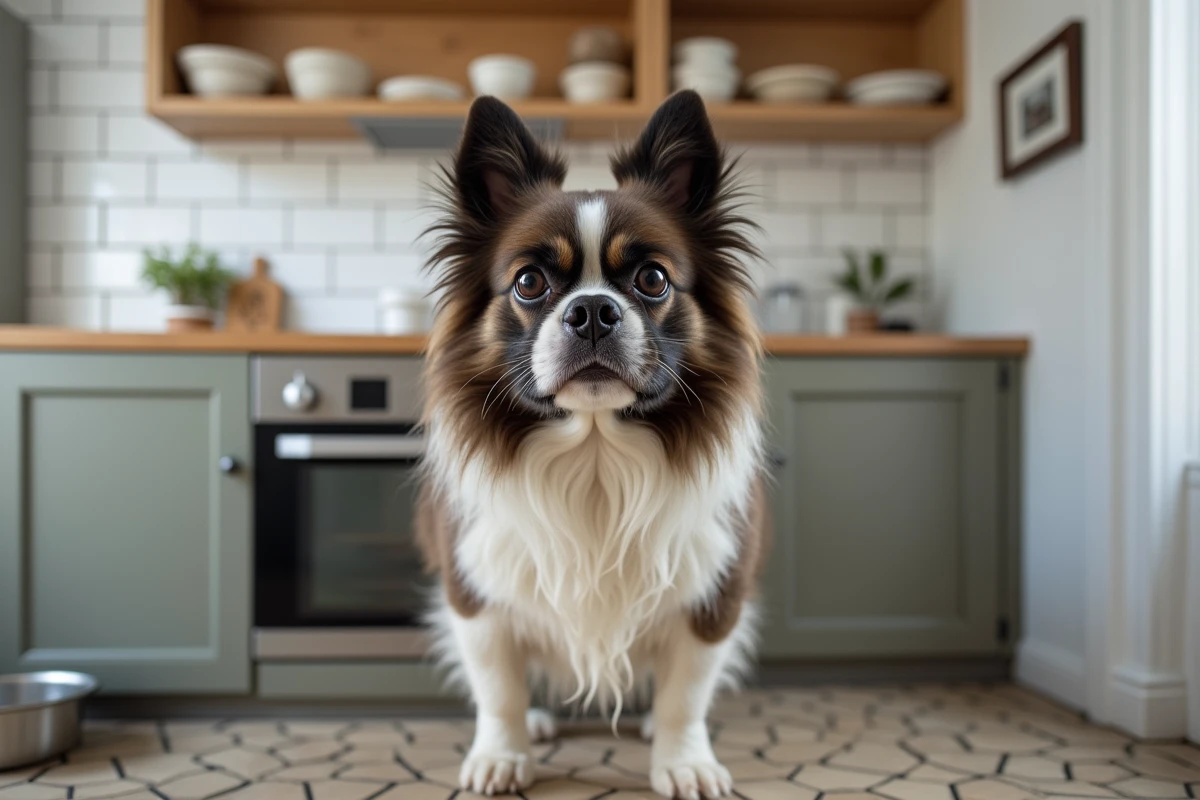 Bouledogue français à poils longs debout dans une cuisine d'appartement parisien avec gamelle d'eau